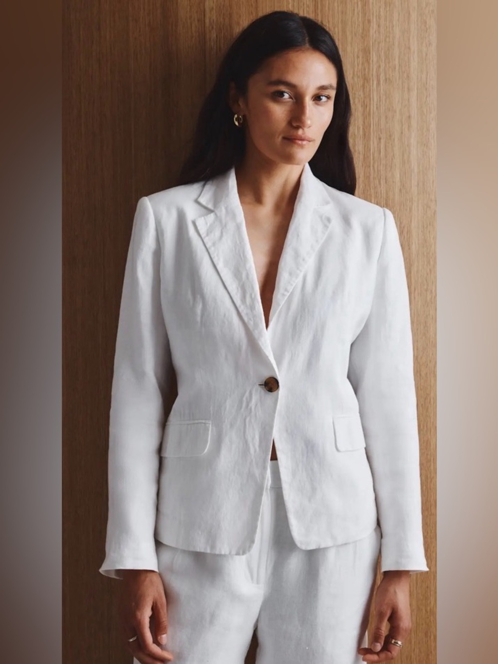 Quince White Single-Button Linen Blazer. Size M